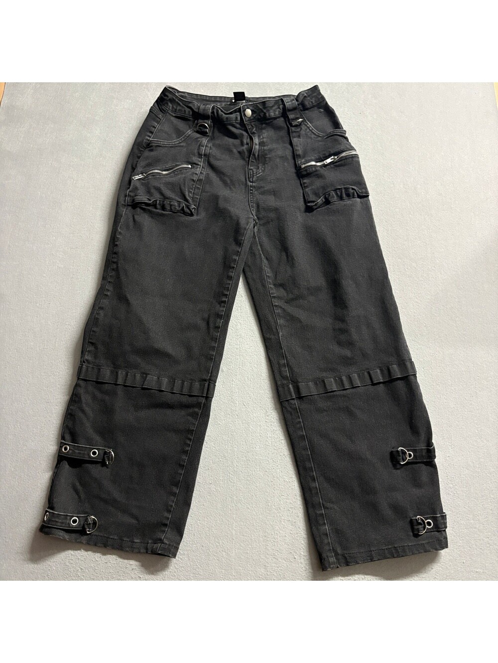 Hot Topic Womens Goth Punk Cargo Pants Size 9 Black Wide Leg Strap Accent Denim